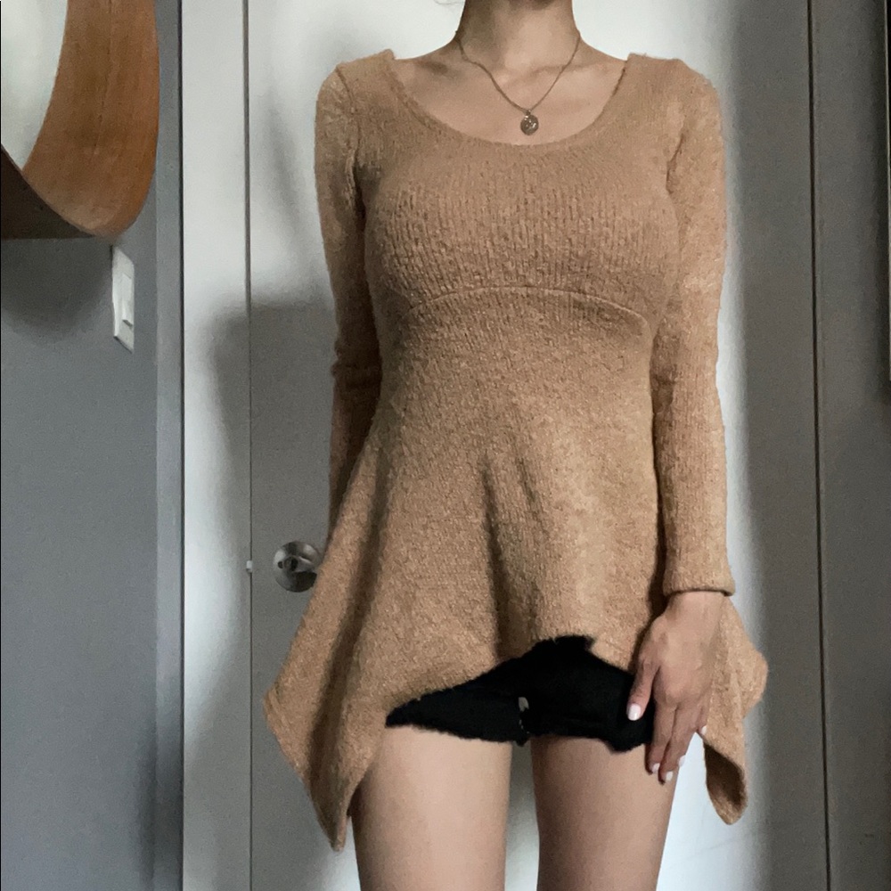 Tan Colored Long-Sleeve Wool Sweater Top
